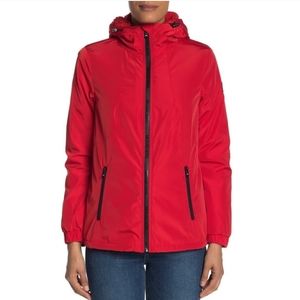 Michael Kors Red faux shearling lined hooded coat in a size Large